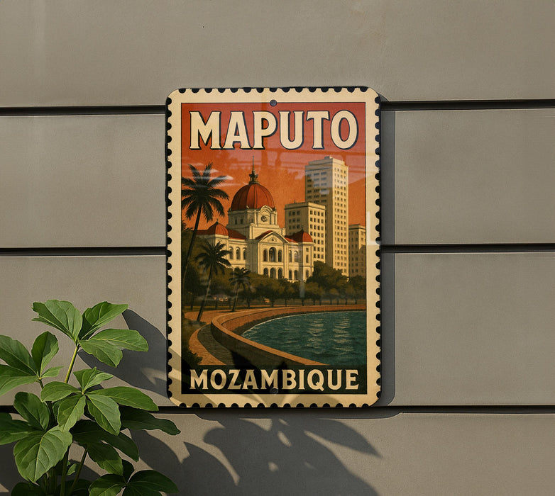 A vintage-style map of Maputo, Mozambique, featuring a cityscape with a dome-shaped building and palm trees, is displayed on a wall.