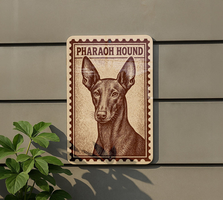 a sign with a picture of a dog, specifically a pharaoh hound, mounted on a wall.