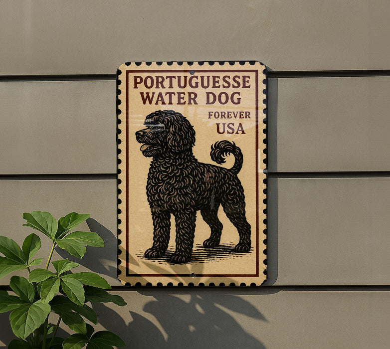a sign with a black dog illustration, mounted on a wall.