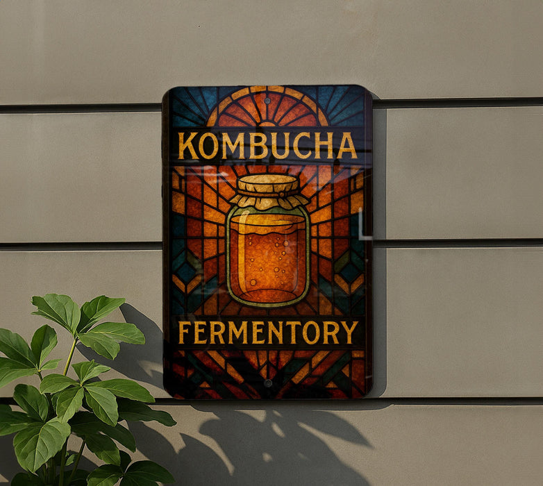 A colorful sign for a kombucha fermentationary business, featuring a glass jar with a lid and the text "KOMBUCHA FERMENTARY" prominently displayed.