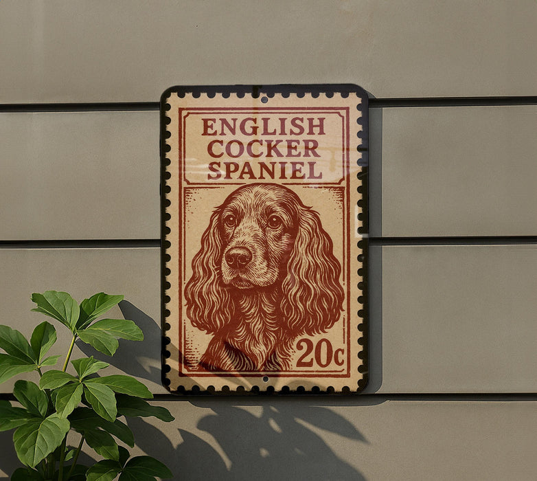 A sign featuring an illustration of an English Cocker Spaniel dog, with the text "ENGLISH COCKER SPANIEL" and the denomination "20c" printed on it.