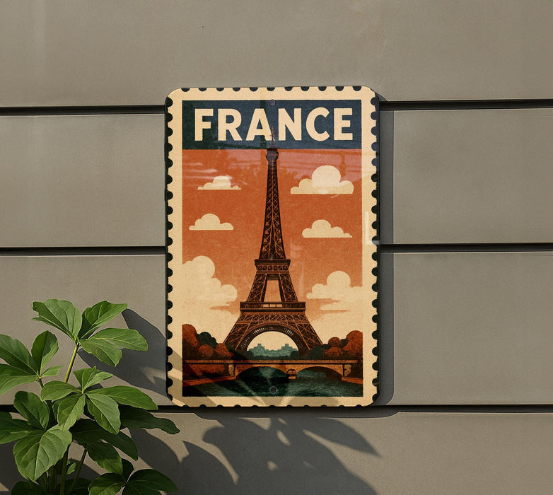 A vintage-style poster of the Eiffel Tower, a famous landmark in France, is displayed on a wall.