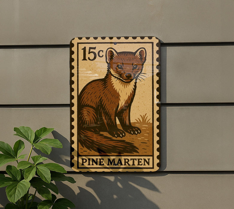 A wooden sign featuring a pine marten illustration, mounted on a wall.