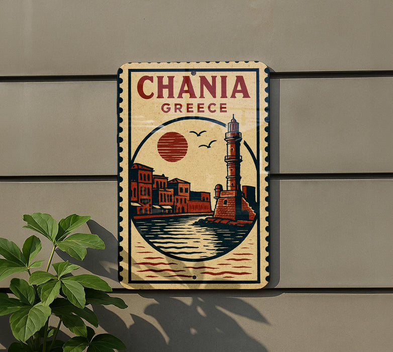 A vintage-style sign depicting a lighthouse and a cityscape, with the text "CHANIA GRECE" prominently displayed.