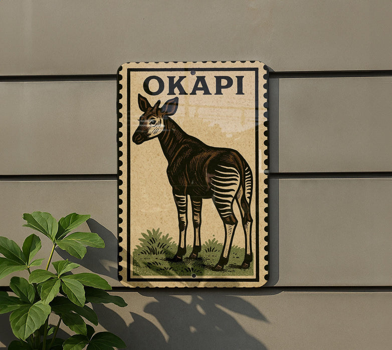 a sign with a picture of a giraffe, mounted on a wall.