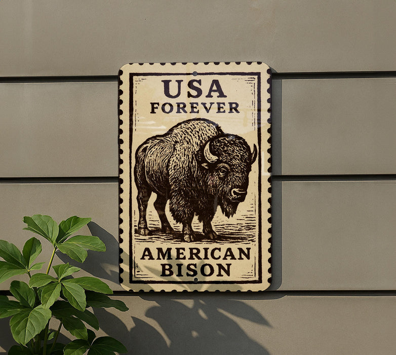 a sign with a picture of a buffalo, which is a symbol of the American bison, mounted on a wall.