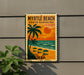 A vintage-style postage stamp depicting a beach scene with palm trees, umbrellas, and a sunset over the ocean.