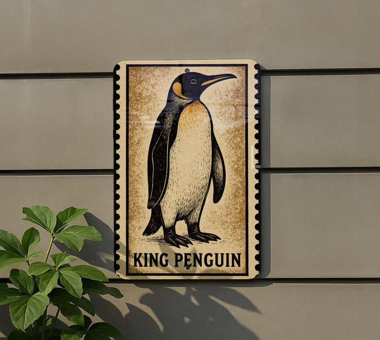 A framed image of a penguin is mounted on a wall, with the word "KING PENGUIN" written below the image.