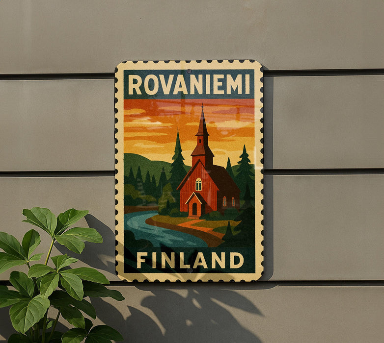 A vintage-style postage stamp depicting a church and a river in Finland, with the text "ROVANIemi FINLAND" printed on it.