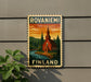 A vintage-style postage stamp depicting a church and a river in Finland, with the text "ROVANIemi FINLAND" printed on it.