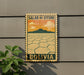 A vintage-style sign for Salar de Uyuni, Bolivia, featuring a desert landscape with mountains and a hexagonal pattern.