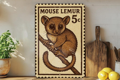 a wooden shelf with a framed illustration of a brown lemur, a type of primate, on a branch. The lemur is depicted in a playful and curious manner, sitting on the branch and looking up. The shelf also has a potted plant, a wooden cutting board, and some lemons.