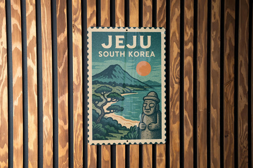 A poster of Jeju, South Korea, featuring a mountain landscape with a temple and a sun in the sky.