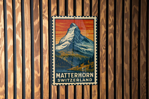 A vintage-style metal sign with a mountain landscape and the text "MATTERHORN SWITZERLAND" is displayed on a wooden wall.