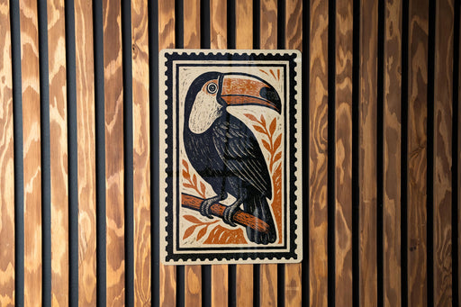 A framed illustration of a toucan bird is displayed on a wooden wall.