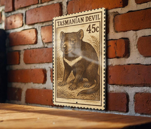 A wooden table with a framed image of a Tasmanian Devil, a marsupial native to Australia, mounted on a brick wall.