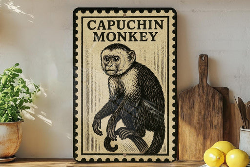 a framed illustration of a capuchin monkey on a shelf, with a potted plant to the left and a wooden cutting board to the right.