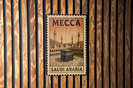 A vintage-style metal stamp depicting the Kaaba, the most sacred site in Islam, in the center of the Kaaba in the Kaaba Mosque in Mecca, Saudi Arabia.