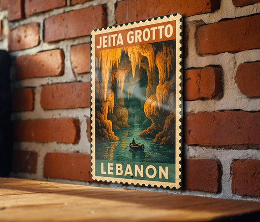A vintage-style poster of Jeita Grotto, a famous cave system in Lebanon, is displayed on a brick wall.
