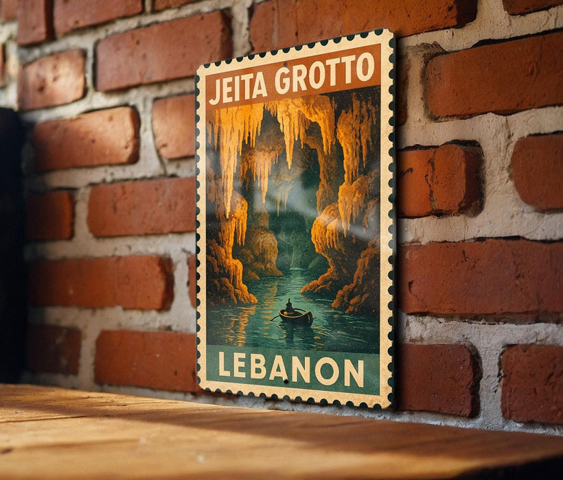 A vintage-style poster of Jeita Grotto, a famous cave system in Lebanon, is displayed on a brick wall.