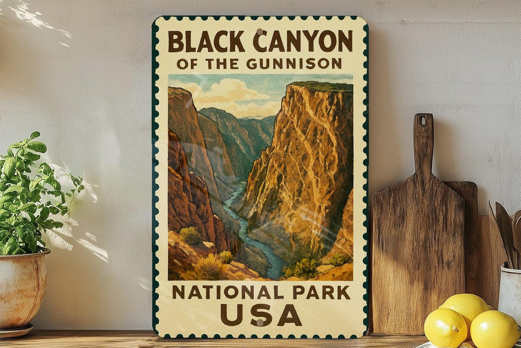 A framed vintage-style poster of the Black Canyon of the Gunnison National Park in the United States, featuring a scenic image of the canyon and its surrounding landscape.