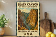 A framed vintage-style poster of the Black Canyon of the Gunnison National Park in the United States, featuring a scenic image of the canyon and its surrounding landscape.