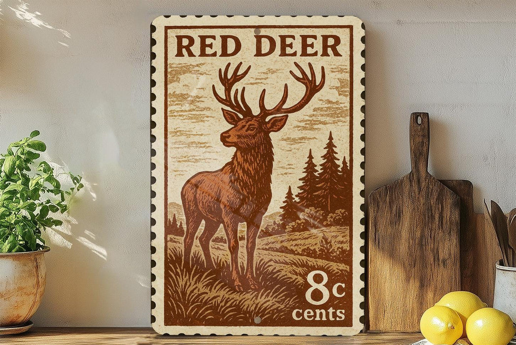 a vintage-style stamp with a red deer illustration, placed on a wooden surface next to a wooden cutting board and some lemons.
