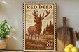 a vintage-style stamp with a red deer illustration, placed on a wooden surface next to a wooden cutting board and some lemons.