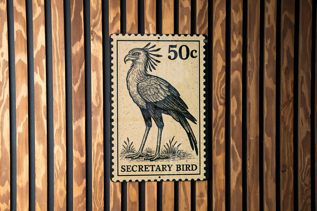 A 50 cent postage stamp featuring a black and white illustration of a bird, which appears to be a Secretary Bird.