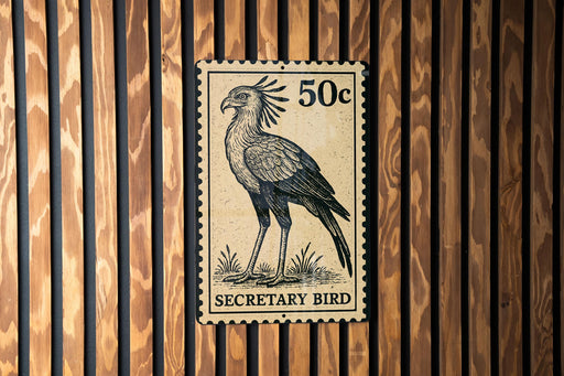A 50 cent postage stamp featuring a black and white illustration of a bird, which appears to be a Secretary Bird.