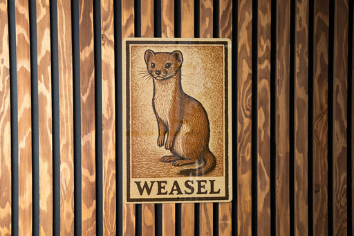 A weasel illustration on a wooden panel with the word "WEASEL" below it.