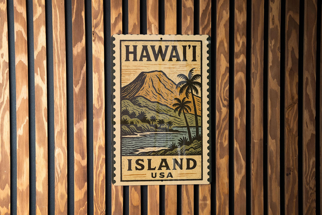 A vintage-style metal sign with the text "HAWAII ISLAND USA" and an illustration of a tropical landscape with palm trees and a mountain.