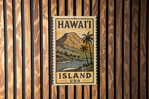 A vintage-style metal sign with the text "HAWAII ISLAND USA" and an illustration of a tropical landscape with palm trees and a mountain.