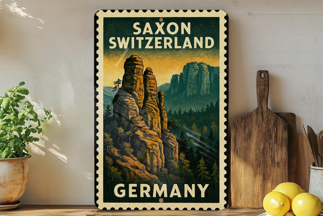 A vintage-style metal sign with a mountain landscape and text, mounted on a wall next to a wooden cutting board and some potted plants.