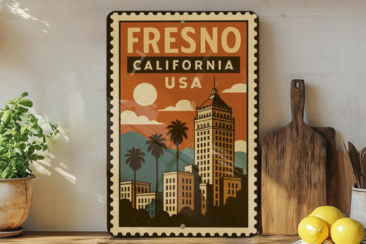 A framed vintage-style poster of the city of Fresno, California, USA, featuring a tall building and palm trees, is displayed on a shelf next to a wooden cutting board and a potted plant.