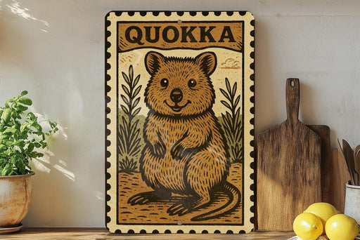 a framed illustration of a quokka, a small marsupial, on a shelf.