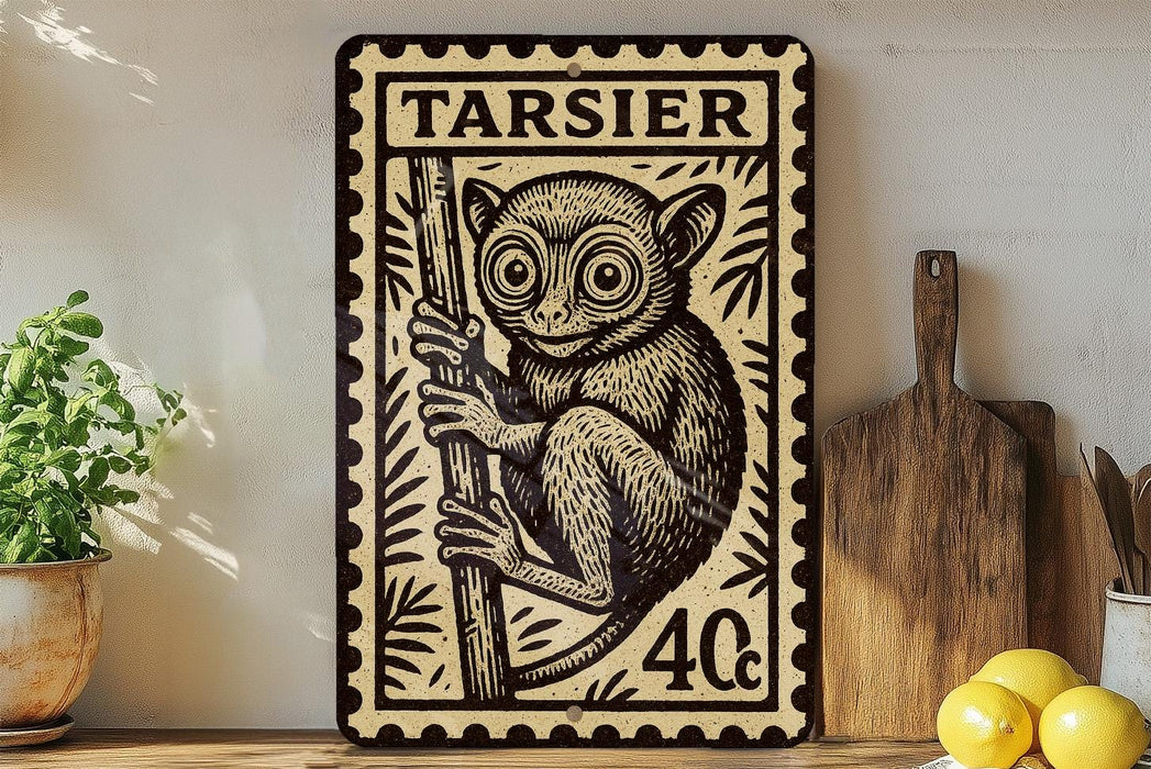 a decorative metal sign with a monkey illustration, placed on a shelf next to a wooden cutting board and some lemons.