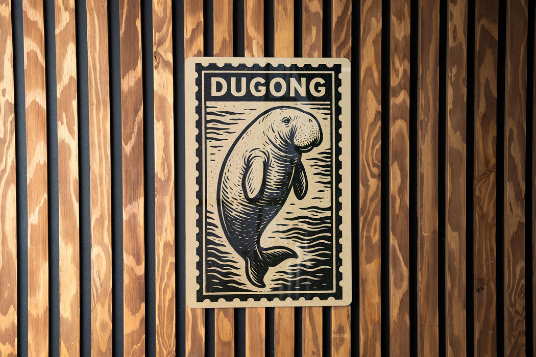 a wooden wall with a rectangular sign featuring a drawing of a dugout or dugout-like structure, along with the word "DUGONG" written on it.