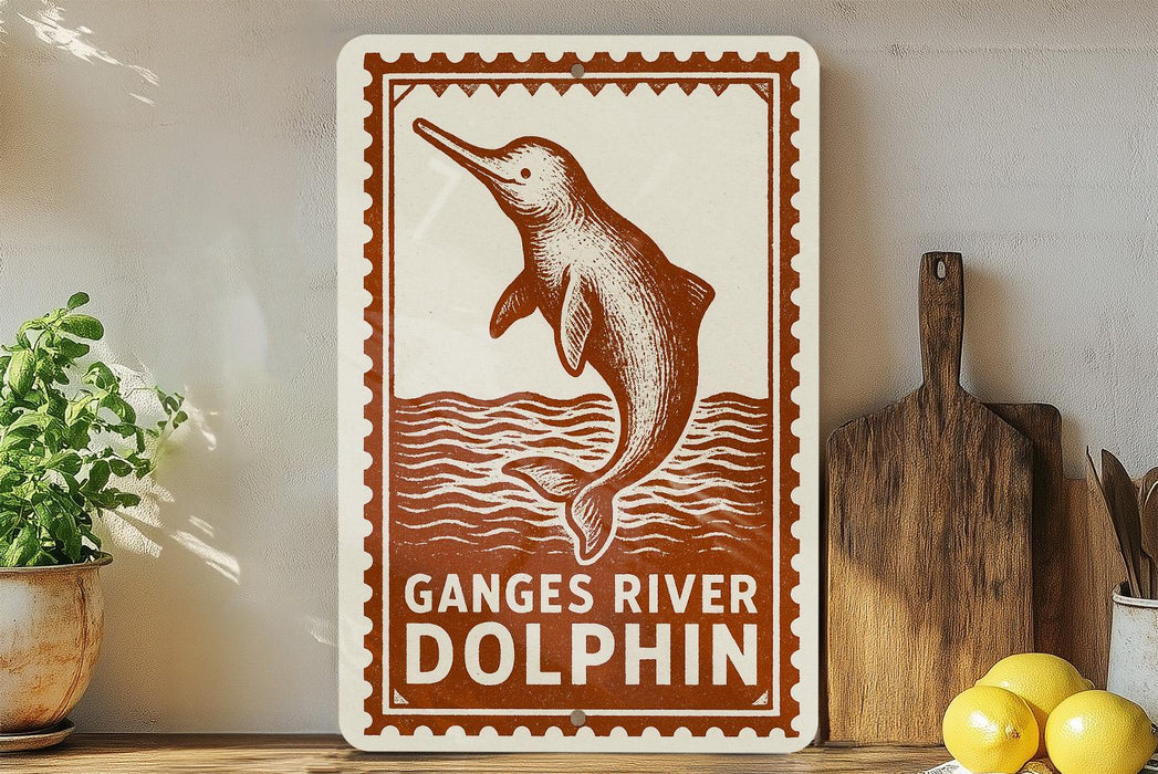 a sign with a dolphin illustration, placed on a shelf next to a wooden cutting board and some lemons.