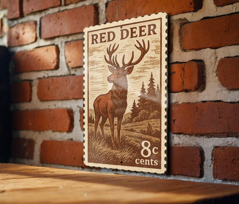 A wooden table with a decorative metal plaque featuring a deer illustration and the text "RED DEER 8cents" mounted on a brick wall.