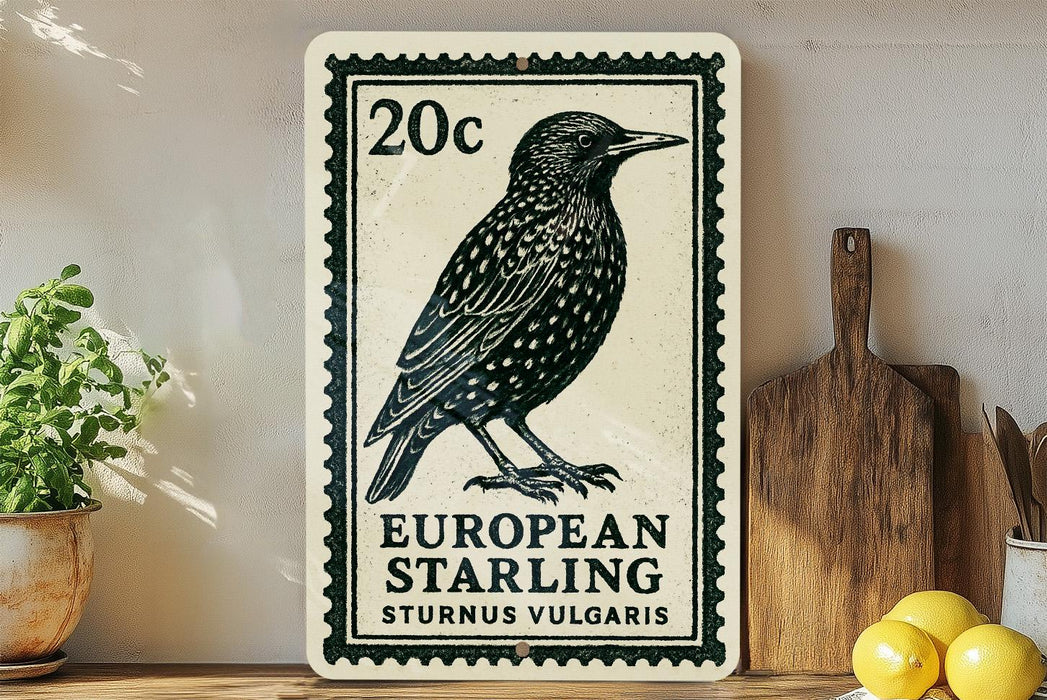 A vintage-style 20 cent European starling postage stamp is displayed on a wooden surface, with a potted plant and kitchen utensils visible in the background.