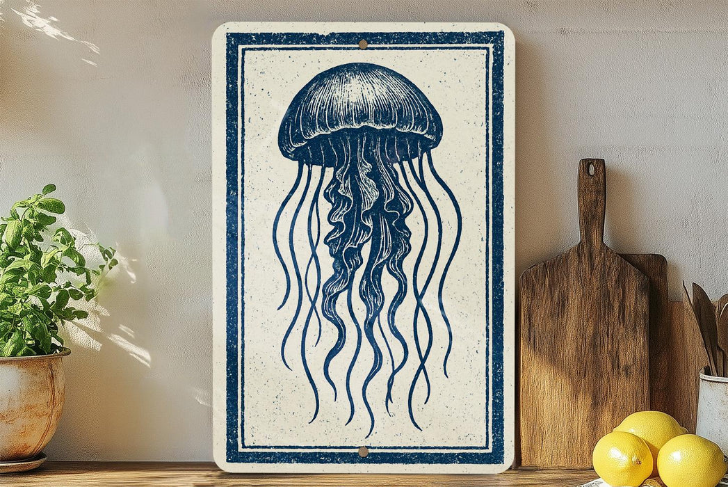 a blue and white sign with a detailed illustration of a jellyfish, placed on a wooden surface next to a wooden cutting board and some lemons.