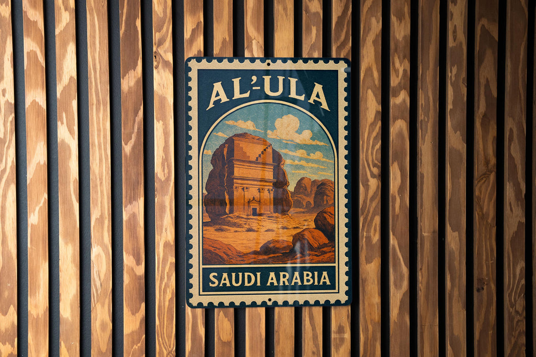a vintage-style poster of the ancient city of Al-Ula in Saudi Arabia, with a wooden background.
