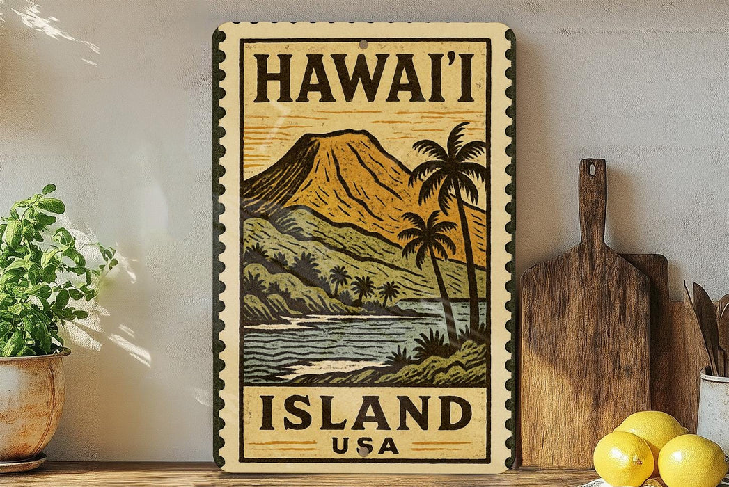 A vintage-style metal sign with a tropical island landscape and palm trees, featuring the text "HAWAII ISLAND USA" in bold letters.