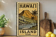 A vintage-style metal sign with a tropical island landscape and palm trees, featuring the text "HAWAII ISLAND USA" in bold letters.