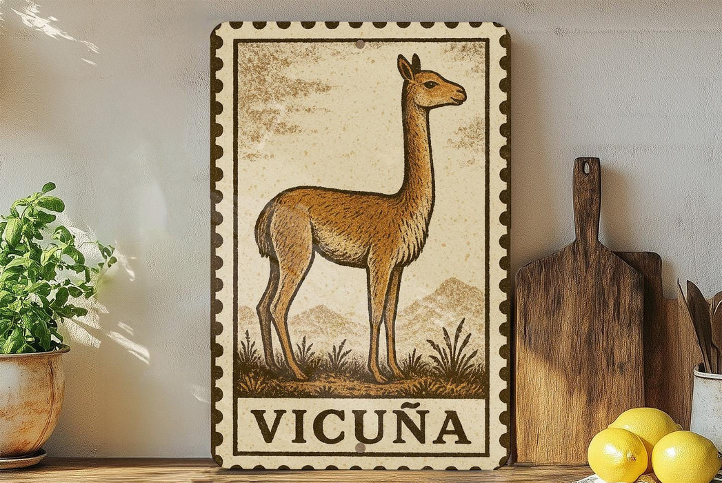a decorative sign with a giraffe illustration, placed on a shelf next to a wooden cutting board and some potted plants.