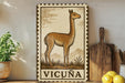 a decorative sign with a giraffe illustration, placed on a shelf next to a wooden cutting board and some potted plants.