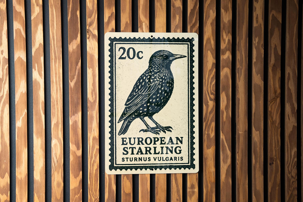 A 20 cent European starling postage stamp is displayed on a wooden wall.