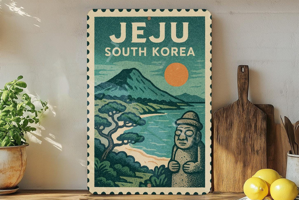 A vintage-style poster of Jeju, South Korea, featuring a mountain landscape with a sun and a stone statue, displayed on a wall next to a wooden cutting board and a potted plant.