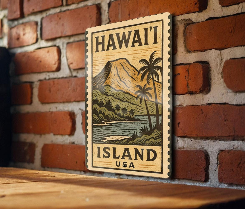 A wooden sign with a tropical island landscape and palm trees is mounted on a brick wall.